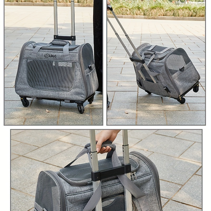 2-in-1 Rolling Pet Carrier with Wheels - Trolley Cat Carrier Backpack for Travel, Detachable Wheeled Cat Bag for Cats and Small Dogs, Airline-Friendly Pet Luggage Carrier, Light Grey & Light Pink