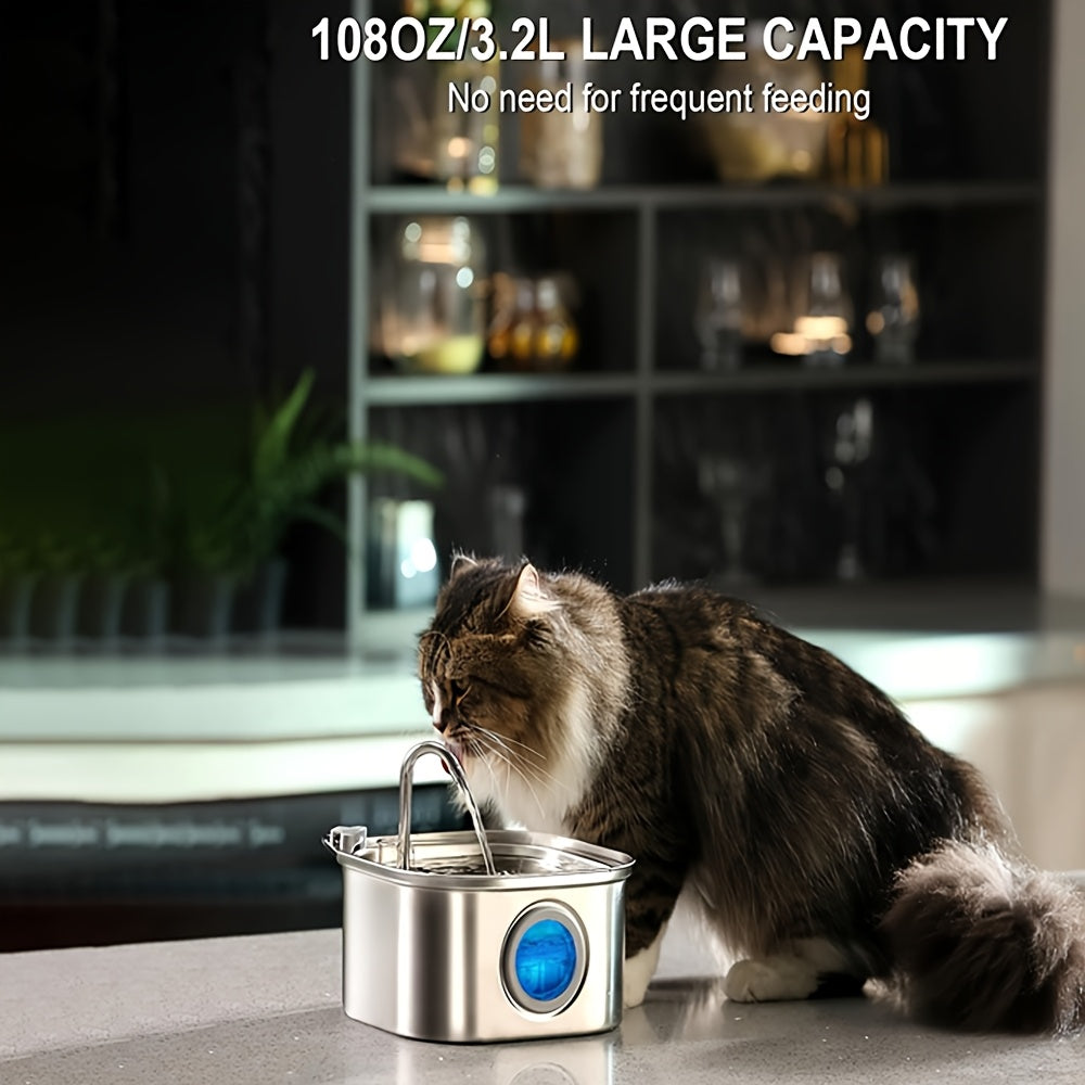 Stainless Steel Pet Water Fountain 108oz/3.2L - USB Quiet Automatic Cat Dog Drinking Fountain with 4 Filter Cartridges & Water Level Indicator - Large Capacity Pet Water Dispenser for Cats & Small Dogs
