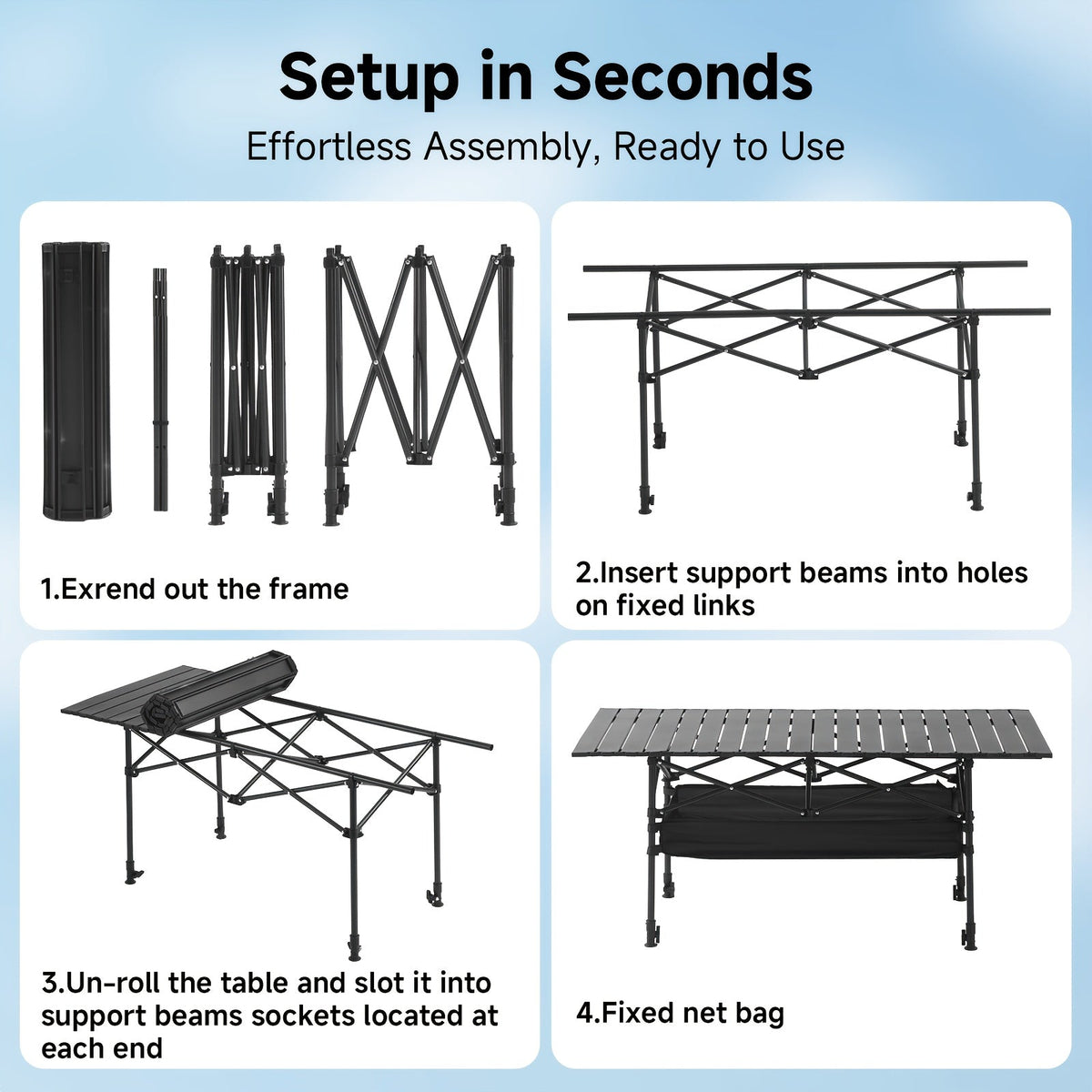 Portable Folding Camping Table Aluminum Lightweight Outdoor Picnic Table with Mesh Storage Bag & Carry Bag – Height Adjustable 37.4", Easy to Store, for Camping, Beach, Backyard, BBQ, Party & Patio