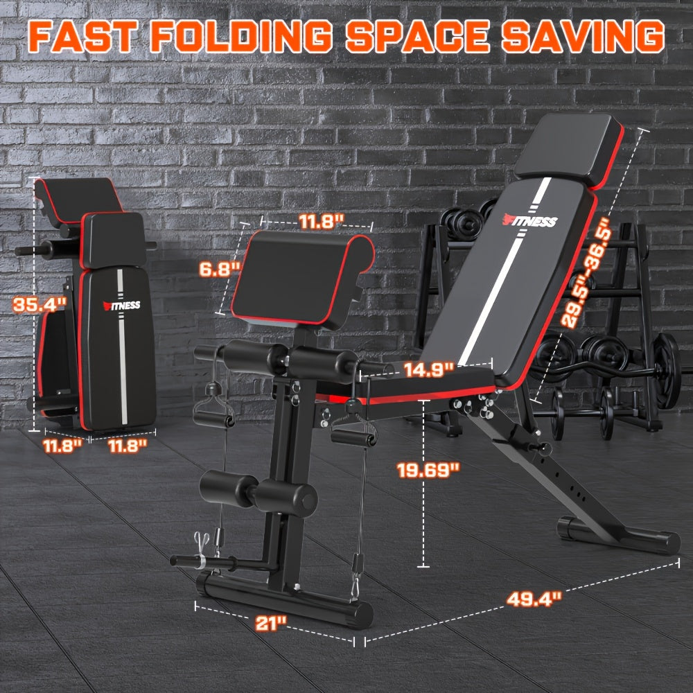 Foldable 6-in-1 Adjustable Weight Bench for Home Gym – 770 LBS Capacity, Flat Incline Decline, Resistance Bands, Preacher Curl Pad & Leg Developer, Full Body Strength Training Equipment
