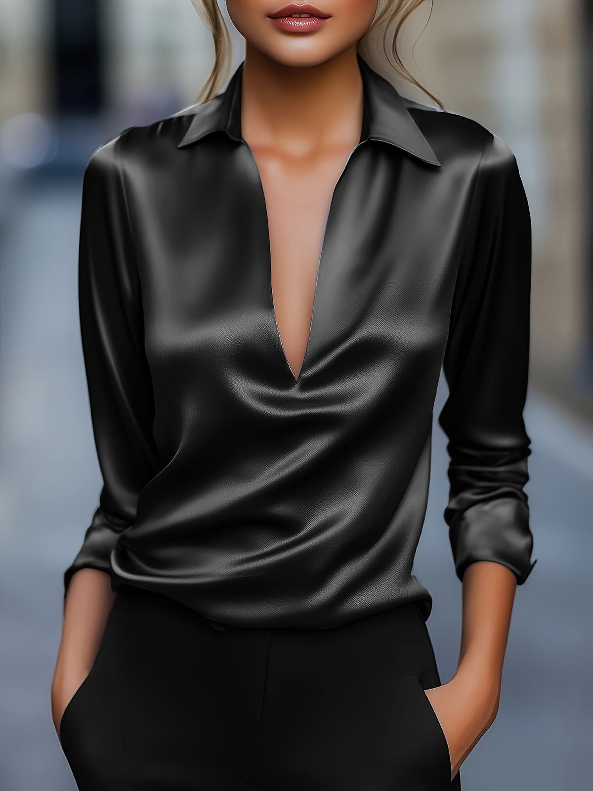V-Neck Satin Blouse Women Elegant Solid Color Long Sleeve Loose Fit Casual Office Shirt Top S M L XL XXL Multi Color