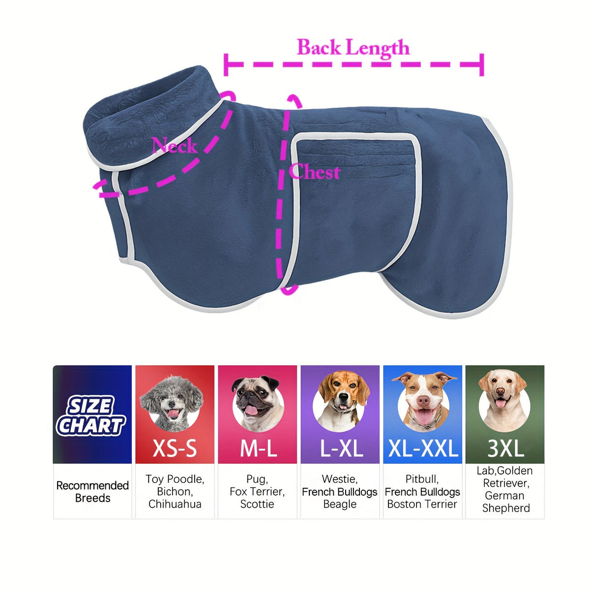 Quick-Dry Super Absorbent Dog Bathrobe Towel Coat for Dogs & Cats – Soft Adjustable Collar & Belly Strap, Fast-Drying Post-Bath Robe, Warm Winter Drying Coat for Small, Medium & Large Pets