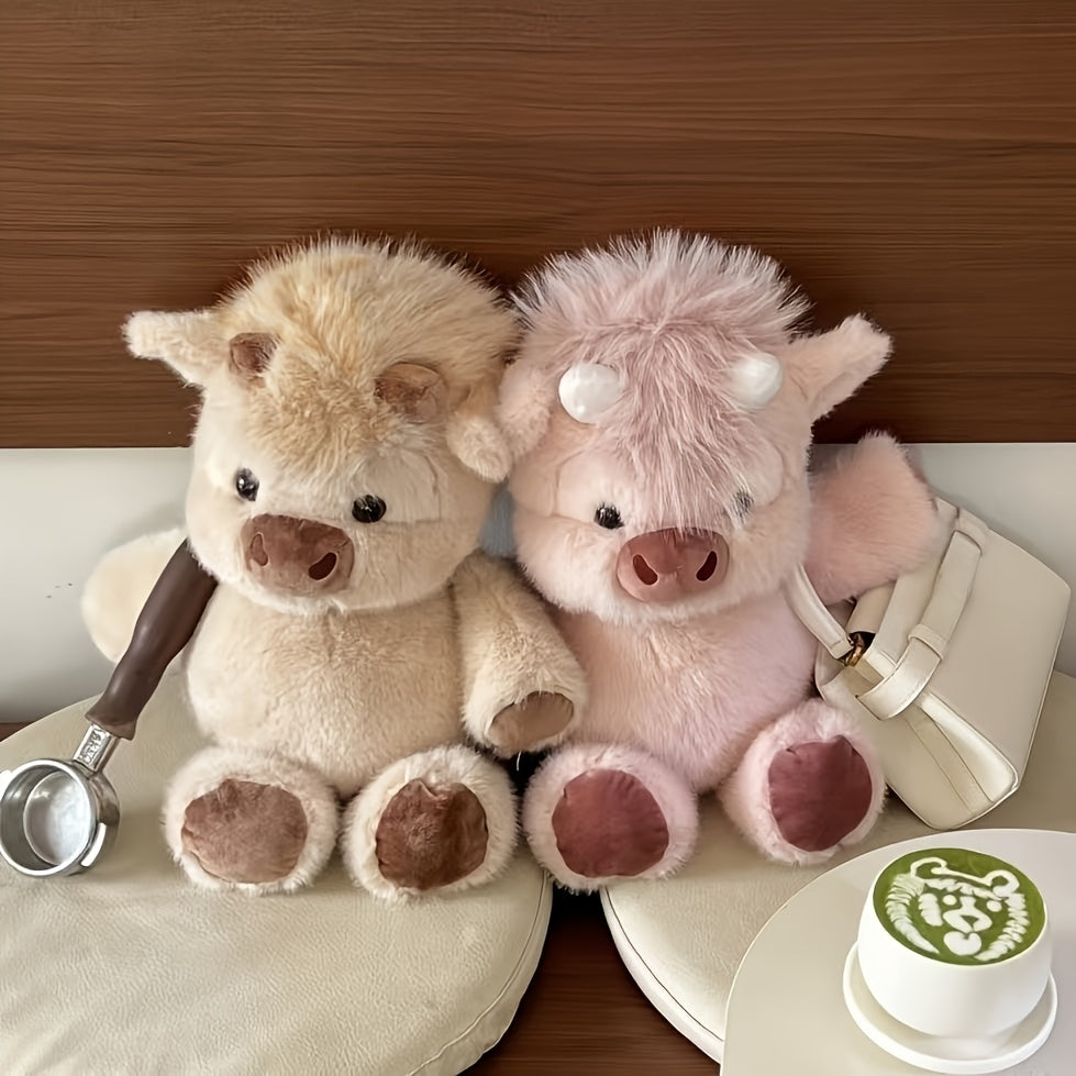 Kawaii Highland Cow Plush Toy 15.7 Inch – Cute Soft Stuffed Animal for Girls, Fluffy Highland Cow Stuffed Plushie, Perfect Valentine’s Day Easter Birthday Christmas Gift (White/Pink/Light Brown)
