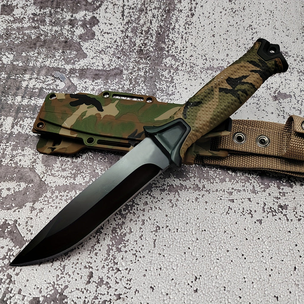 Outdoor Fixed Blade Knife – Stainless Steel Straight Blade, Non-Slip Handle, K-Type Sheath, EDC Hunting Fishing Camping Survival Knife, Camouflage, Multi-Purpose Field Tool for Men