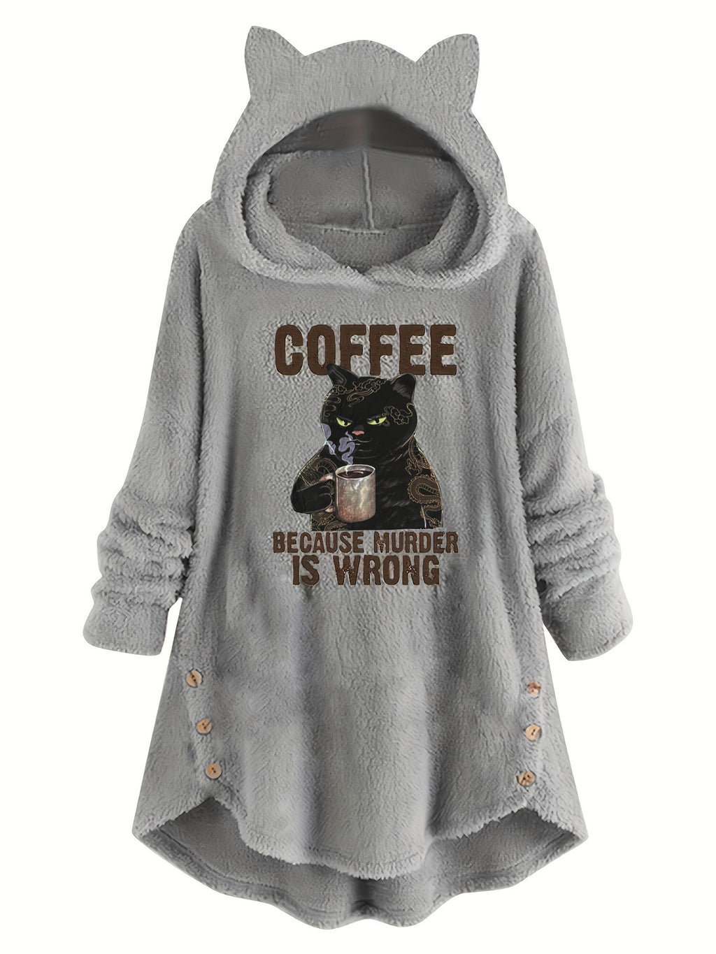 Cat Ear Teddy Fleece Hoodie Women Funny Cat Slogan Print - Cozy Fluffy Sweatshirt with Button Detail, Coffee Because Murder Is Wrong Graphic Hoodie, Grey Burgundy Black S-XXL