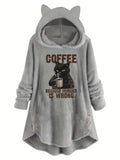 Cat Ear Teddy Fleece Hoodie Women Funny Cat Slogan Print - Cozy Fluffy Sweatshirt with Button Detail, Coffee Because Murder Is Wrong Graphic Hoodie, Grey Burgundy Black S-XXL