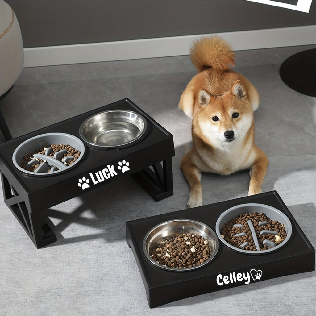 Personalized Raised Dog Bowl Stainless Steel with Slow Feeder & Height-Adjustable Double Dog Food Water Bowl for Medium Large Dogs and Cats