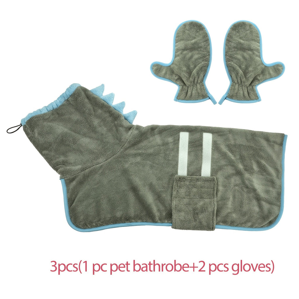 Microfiber Pet Bathrobe Set with Drying Gloves for Dogs & Cats - Super Soft Fast Drying Dog Bath Robe Adjustable Towel Wrap for Cold Weather Beach Pool (1 Robe + 2 Gloves)