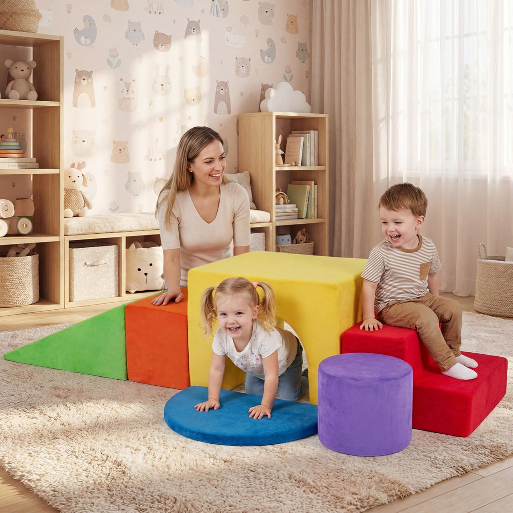 Foam Climbing Blocks for Toddlers 6-Piece Set - Soft Velvet Indoor Climb & Crawl Activity Playset with Slide, Arch, Tunnel & Stairs | Lightweight Stackable Sensory Play Structures for Kids Ages 3+