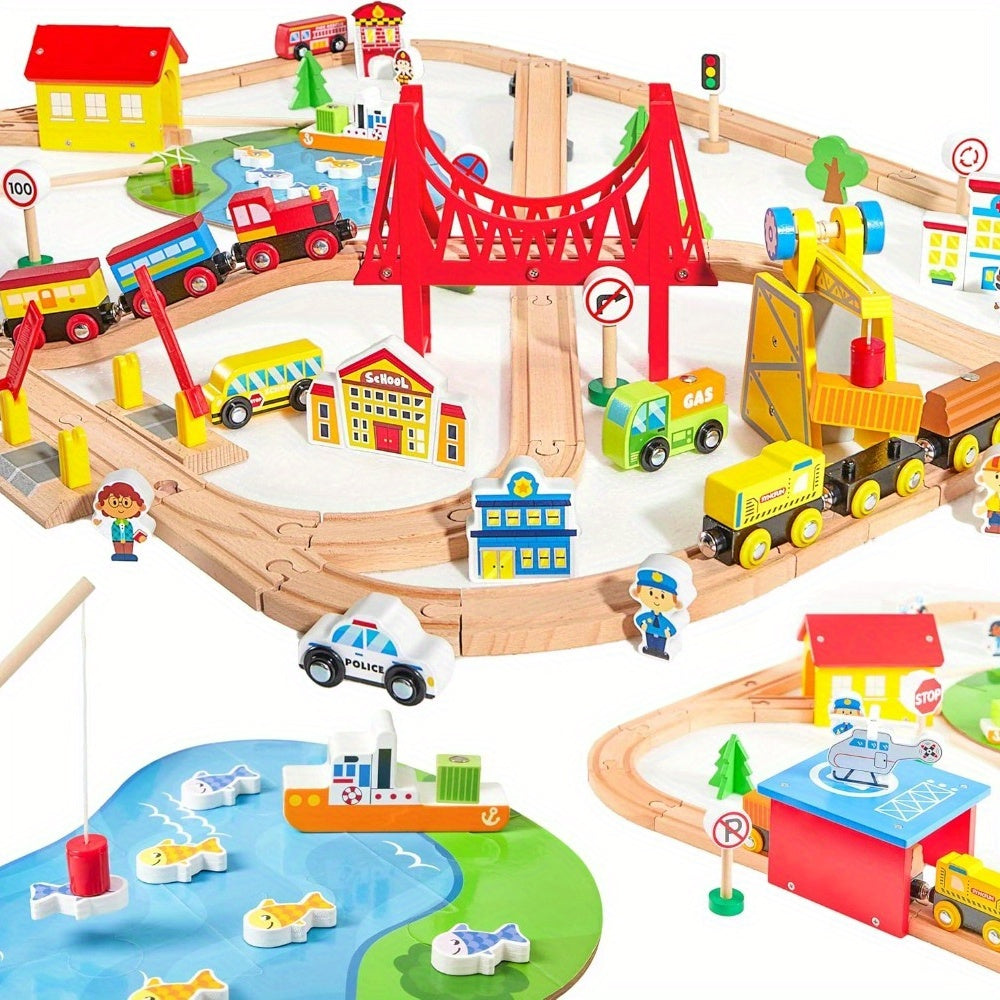 110-Piece Wooden Train Set for Kids – City Scene Railway with 6 Magnetic Trains, 5 Themed Vehicles, Helicopter, Ship & 7 City Themes – Compatible with All Major Brands – Best Birthday Christmas STEM Gift for Boys & Girls
