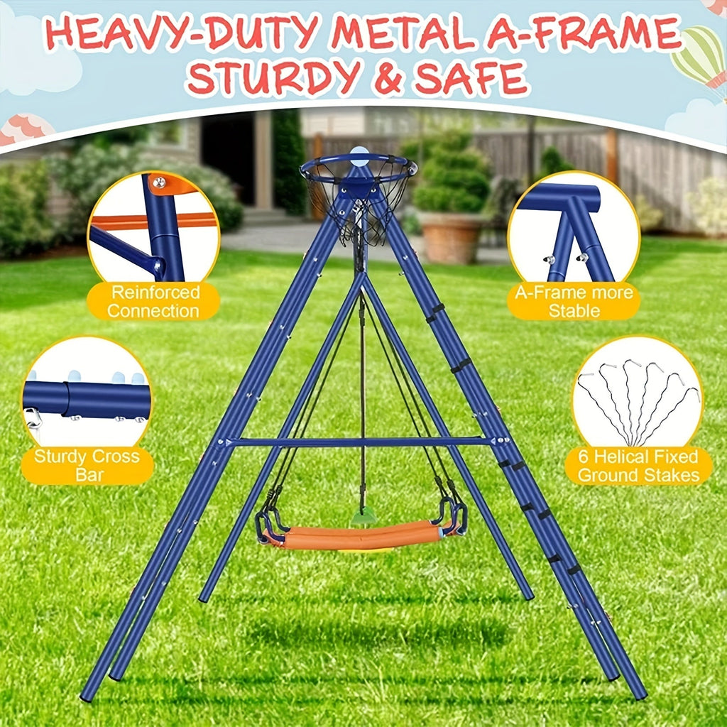 6-in-1 Outdoor Swing Set for Kids, 550LBS Heavy Duty A-Frame Backyard Swing Set with Adjustable Seats & Ground Stakes - Convertible Climbing Frame, Trapeze Bar & Multiple Attachments for Children Ages 3-12