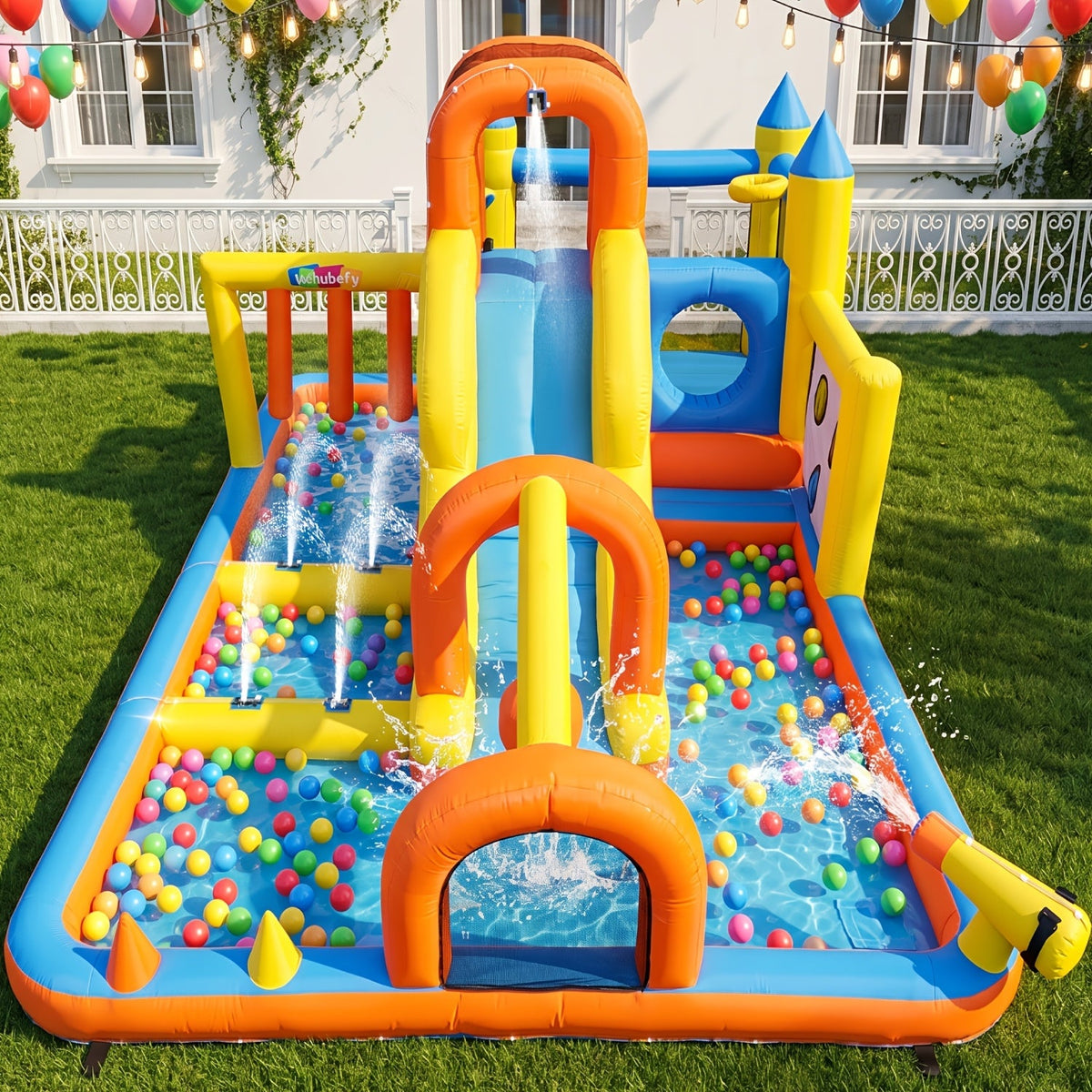 15ft Inflatable Water Park for Kids & Adults – Backyard Obstacle Course with Slide, Tunnel, Boxing, Water Gun, Sprinklers, Climbing Wall, Hoop & Ball Pit – Large Summer Splash Pool Party Fun