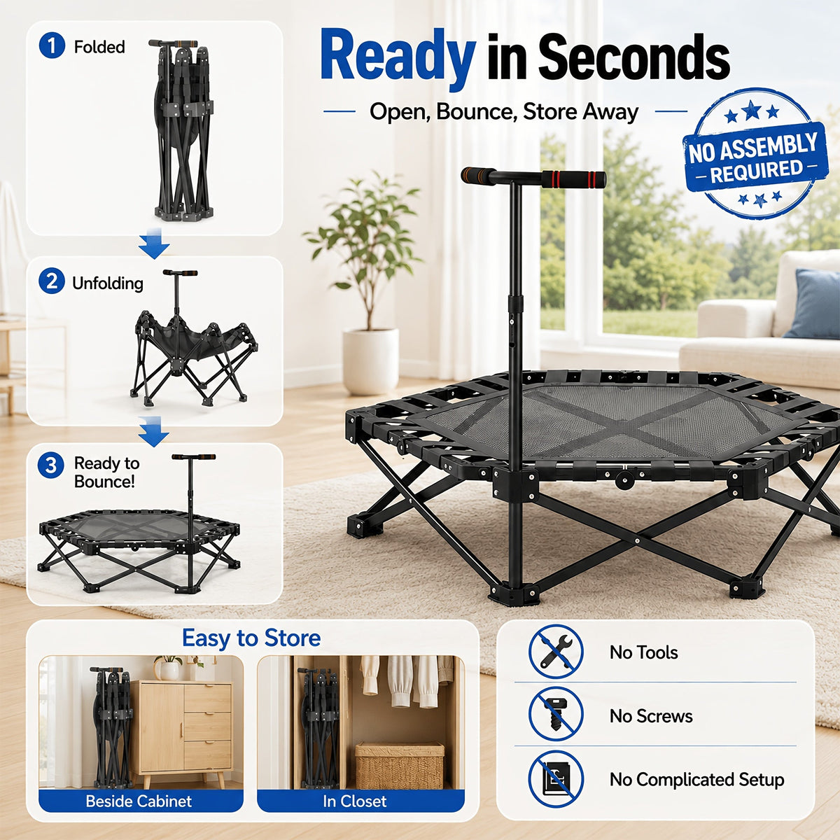 42-Inch Foldable Mini Rebounder Trampoline for Adults – Springless Fabric Strap System, 300 LB Capacity, Compact Indoor Fitness Bouncer for Home Gym, Cardio & Leisure Exercise, Space-Saving Design