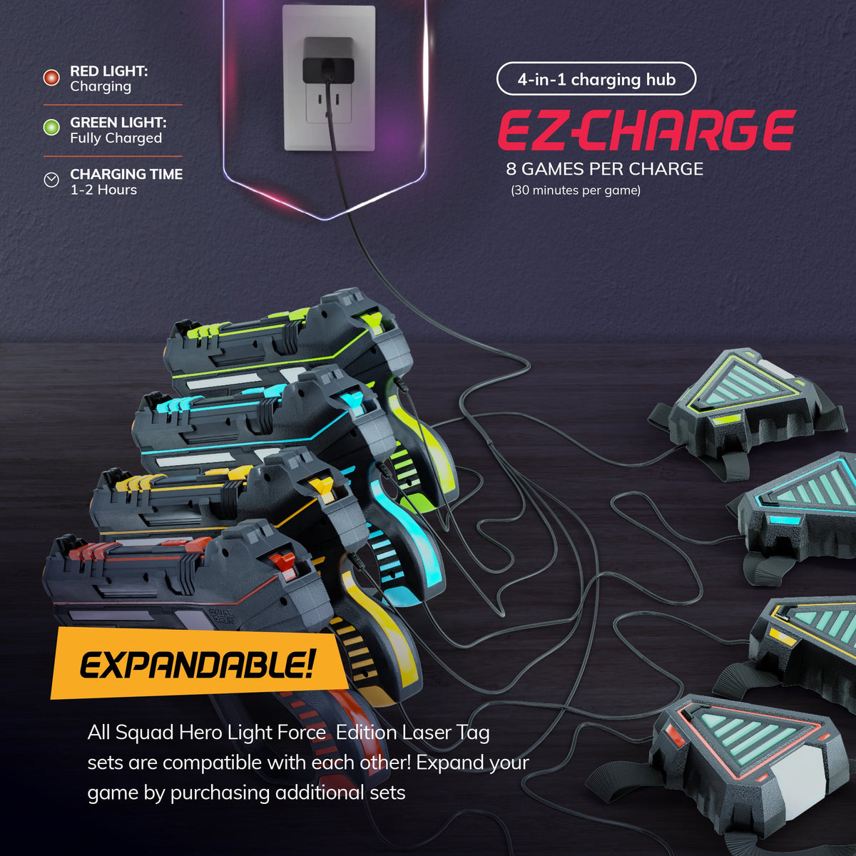 Laser Tag Set for Kids 4 Player Rechargeable Game with 4 Blasters & 4 Adjustable Vests, 150-Ft Infrared Range, Charging Hub, Stealth Mode, 2 Weapon Modes – Indoor Outdoor Birthday Gift for Ages 8+