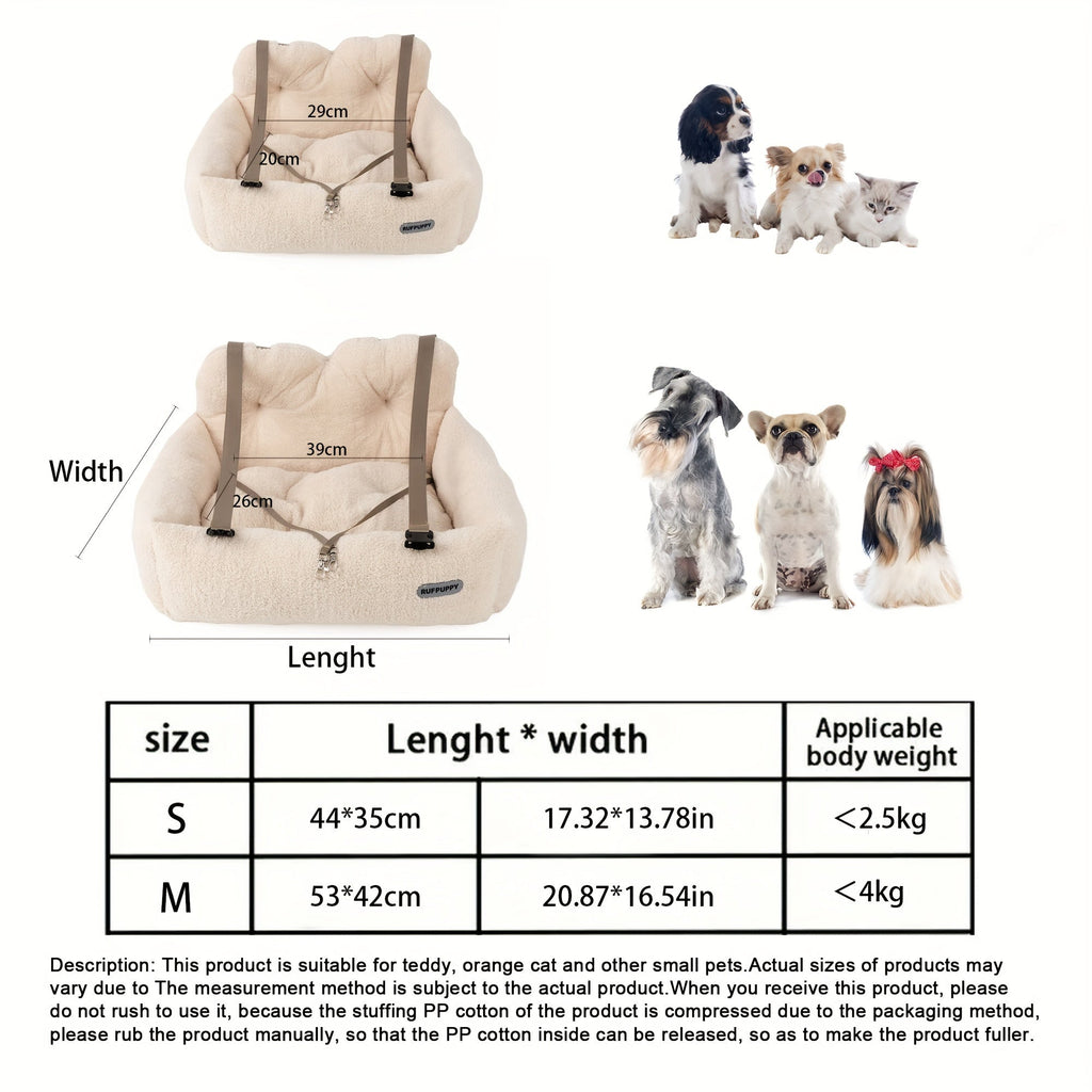 Cozy Plush Dog Car Seat Booster - Safe Portable Polyester Pet Booster Seat for Secure Travel, Soft Dog Bed for Car, S & M Sizes, Beige, Small & Medium Dogs and Cats