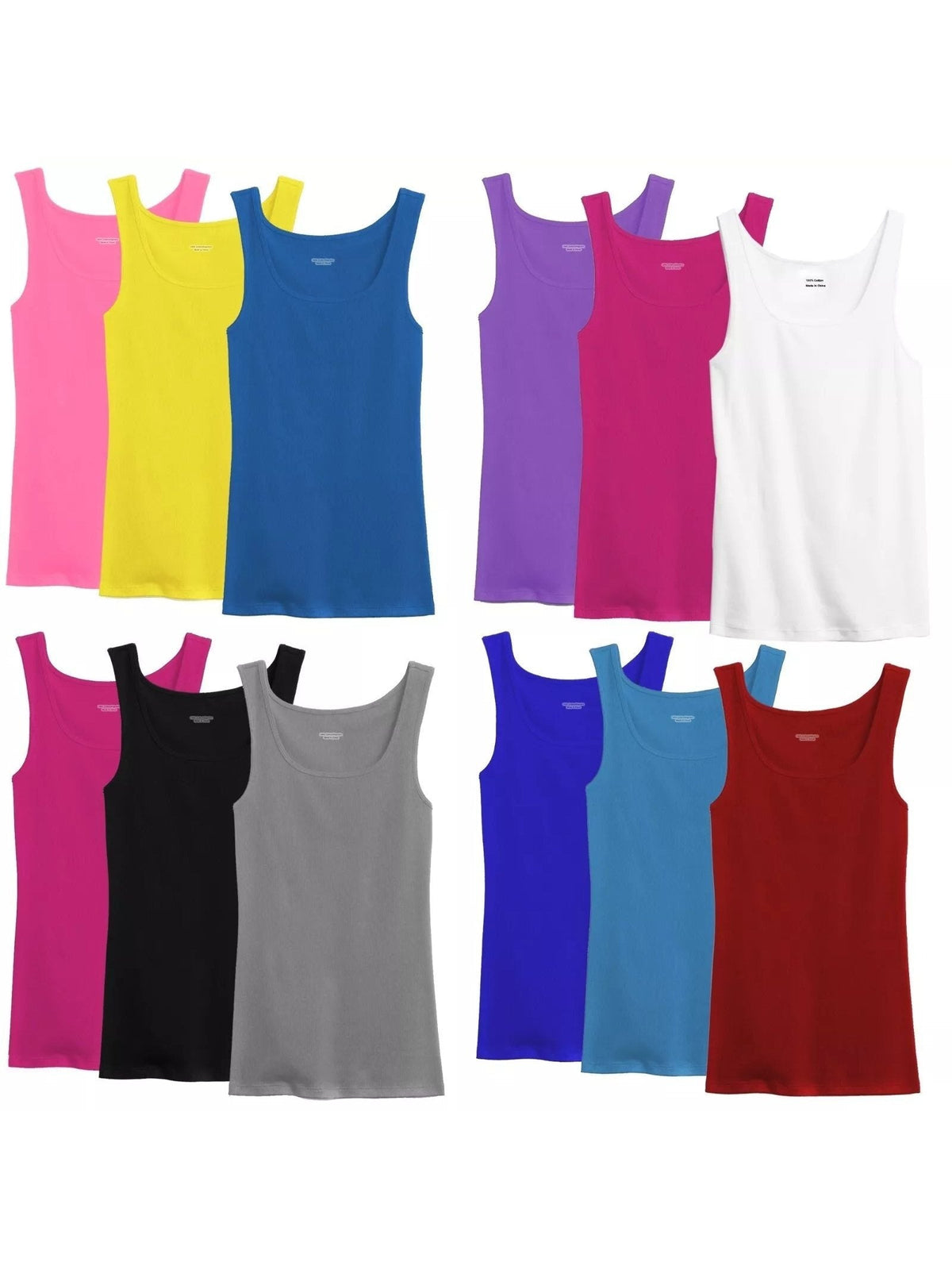 Women's 100% Cotton Ribbed Tank Top Tagless Sleeveless Undershirt Round Neck Multipack 3 6 9 12 Pcs Random Colors S-XXL