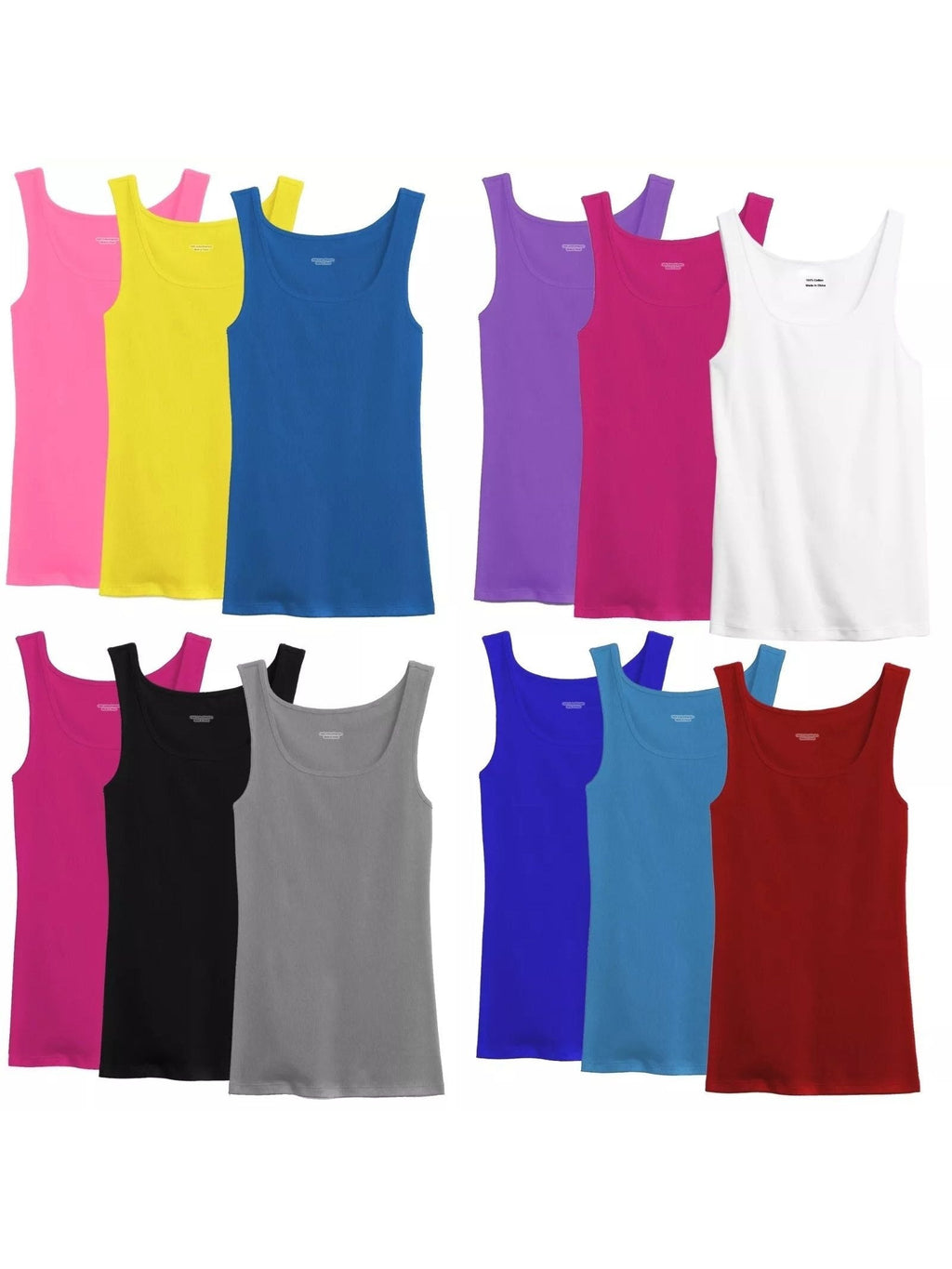 Women's 100% Cotton Ribbed Tank Top Tagless Sleeveless Undershirt Round Neck Multipack 3 6 9 12 Pcs Random Colors S-XXL