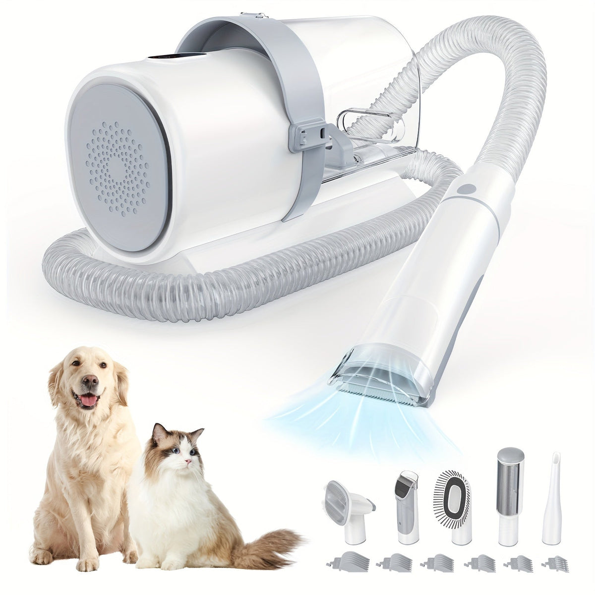 5-in-1 Pet Grooming Vacuum Kit with 99% Hair Suction – Professional Dog & Cat Clippers with 6 Guide Combs, Powerful Low-Noise Grooming Vacuum for Dogs Cats & All Pets, White Grey Blue