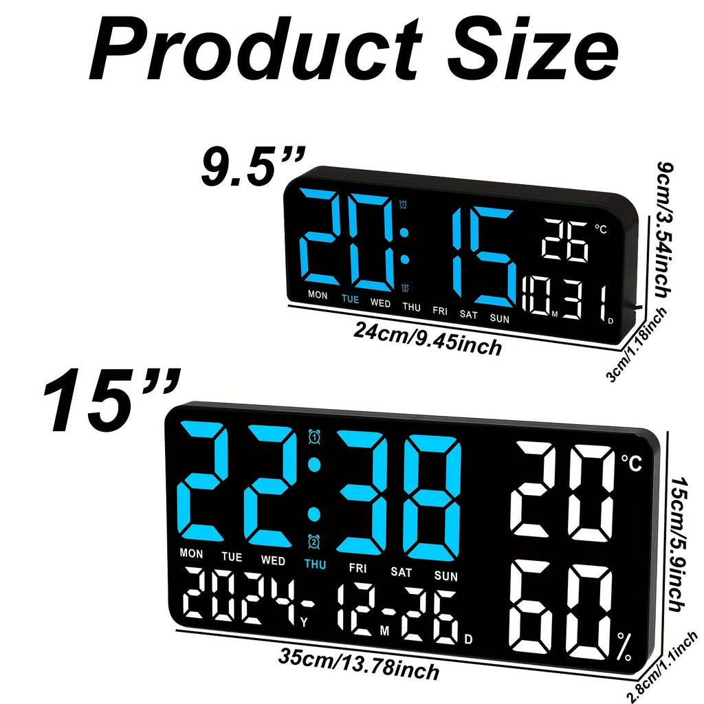 Large Screen LED Alarm Clock with Auto-Dimming Remote Control – 15 Inch Digital Clock Displays Time, Date, Week, Temperature & Humidity – Bedroom Bedside Clock for Seniors, Living Room, Office Desk
