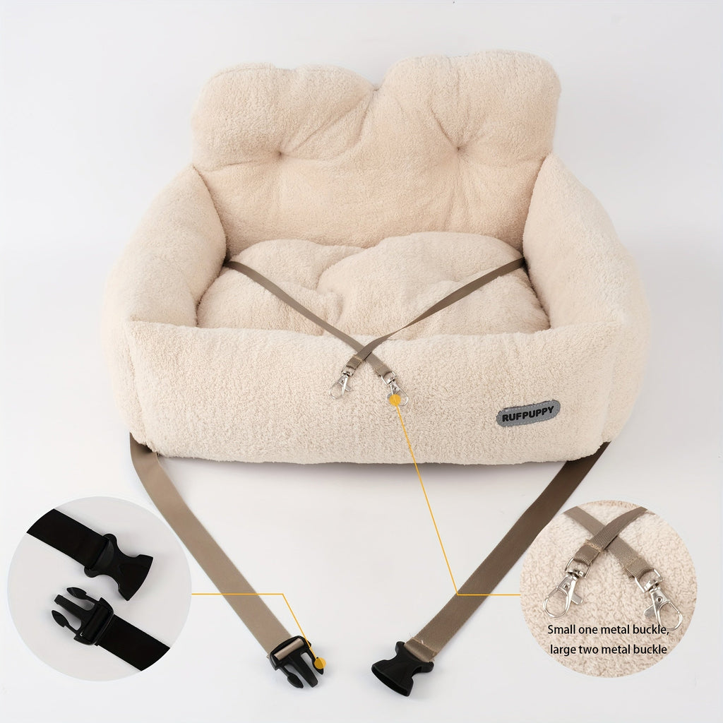 Cozy Plush Dog Car Seat Booster - Safe Portable Polyester Pet Booster Seat for Secure Travel, Soft Dog Bed for Car, S & M Sizes, Beige, Small & Medium Dogs and Cats