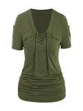 Women's Front Eyelet Strappy T-Shirt V-Neck Casual Stretch Smooth Knit Spring Summer Fall Everyday Top Trendy Cutout S M L XL XXL
