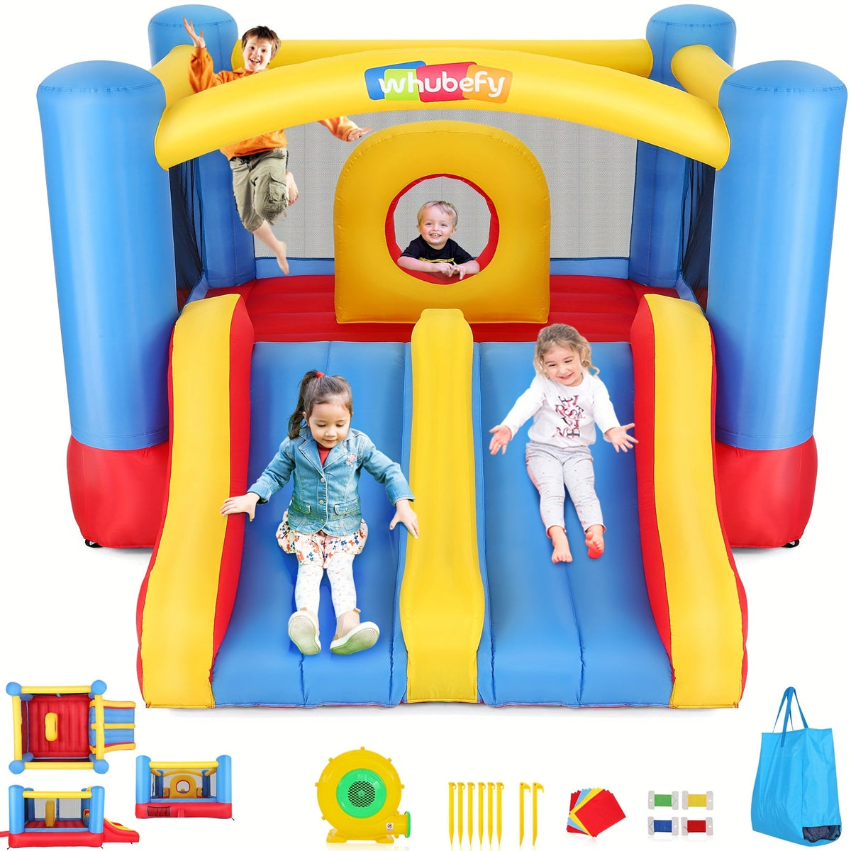 Inflatable Bounce House with Blower for Kids 3-10, 12x9FT Large Backyard Bouncy Castle with Double Slide & Dual Slide, Obstacle Course, Big Bounce Area, Indoor Outdoor Jumper for Birthday Party – Red Blue Yellow
