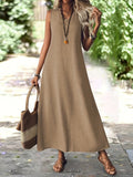 Women's V-Neck Sleeveless Loose Solid Color Woven Polyester Dress - Elegant Tunic Shift Dress for All Seasons