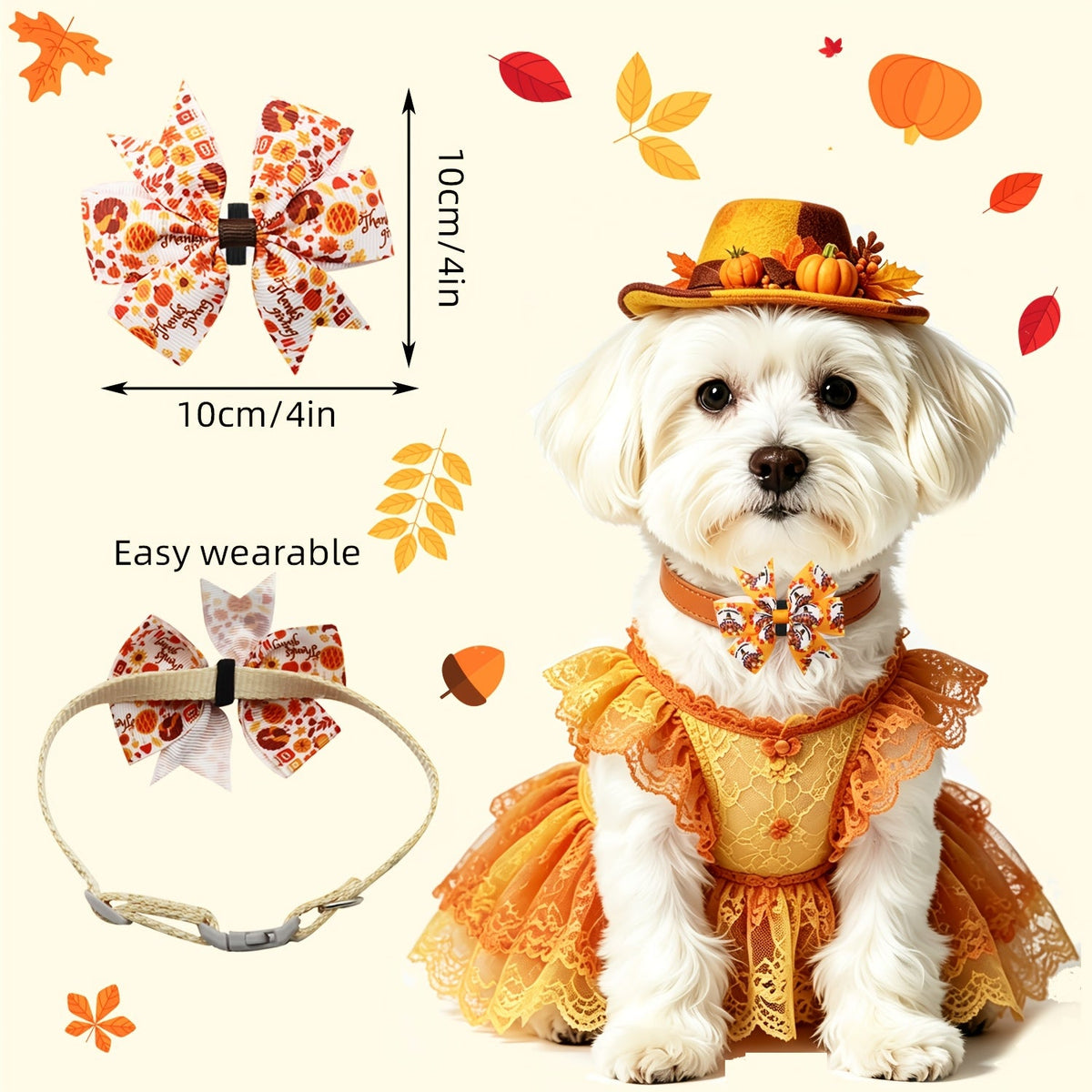 Thanksgiving Dog Collar Bows 60 Pack - Fall Maple Leaf Turkey Print Removable Pet Grooming Bow Ties for Dogs, DIY Holiday Dog Accessories for Collar Grooming Salon and Home, One Size Fits Most