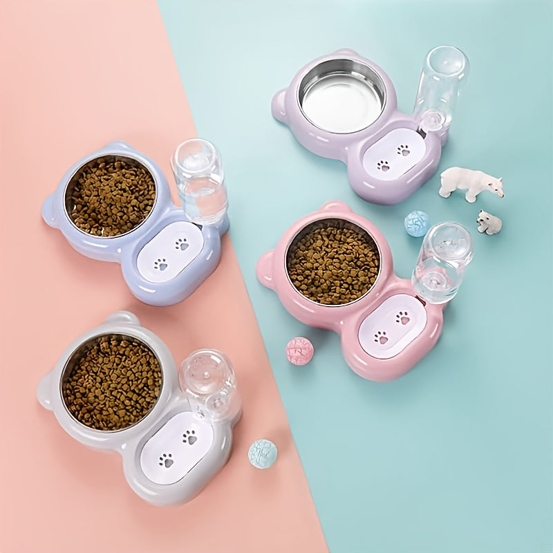 Pet Double Bowl Set with Automatic Water Dispenser Bottle – Food and Water Bowls for Small Dogs and Cats, Dishwasher Safe, Durable BPA-Free, Pink Grey Purple, Indoor Pet Feeding Station