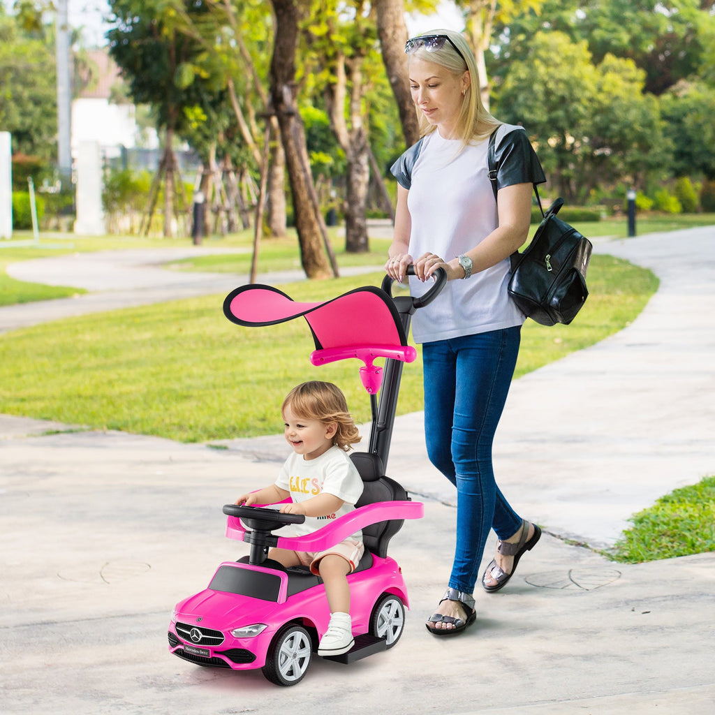 Mercedes-Benz Licensed 3-in-1 Ride-On Push Car for Toddlers 18-36 Months, Kids Sliding Car with Steering Wheel Sound, Push Bar, Adjustable Canopy & Under-Seat Storage - Pink Baby Walker Stroller Gift