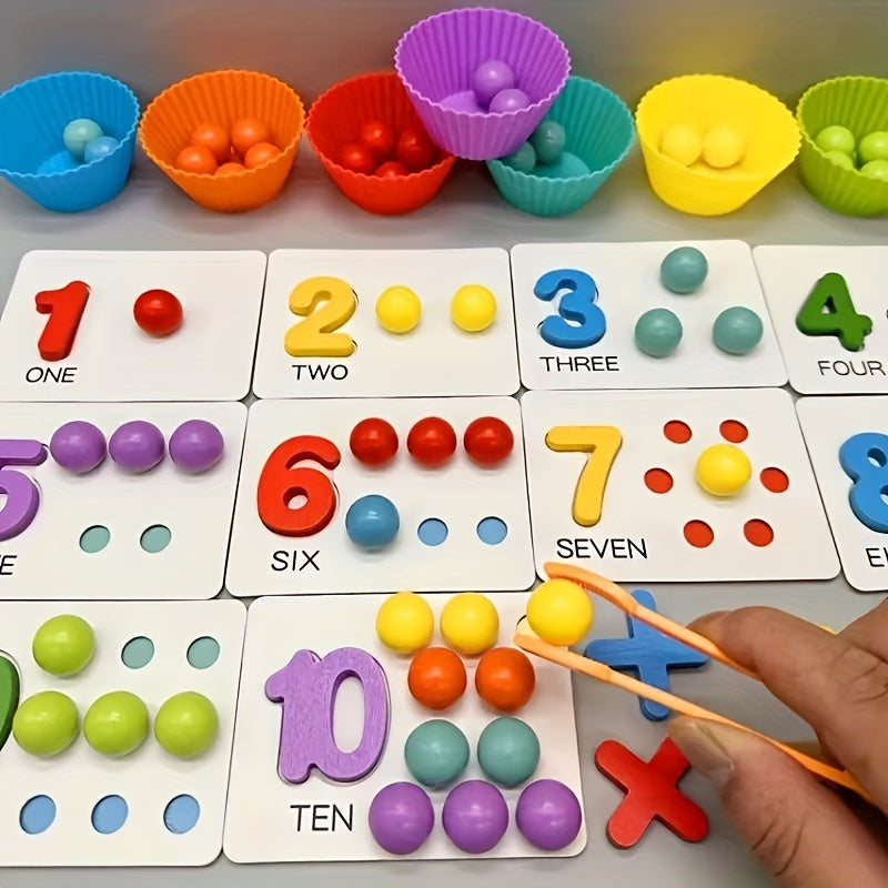 Wooden Number Counting Math Learning Toy Set with Colored Beads Matching Cards Cognitive Skills Clutch Bead Operation Training for Boys Girls Ages 3+ Birthday Christmas Gift