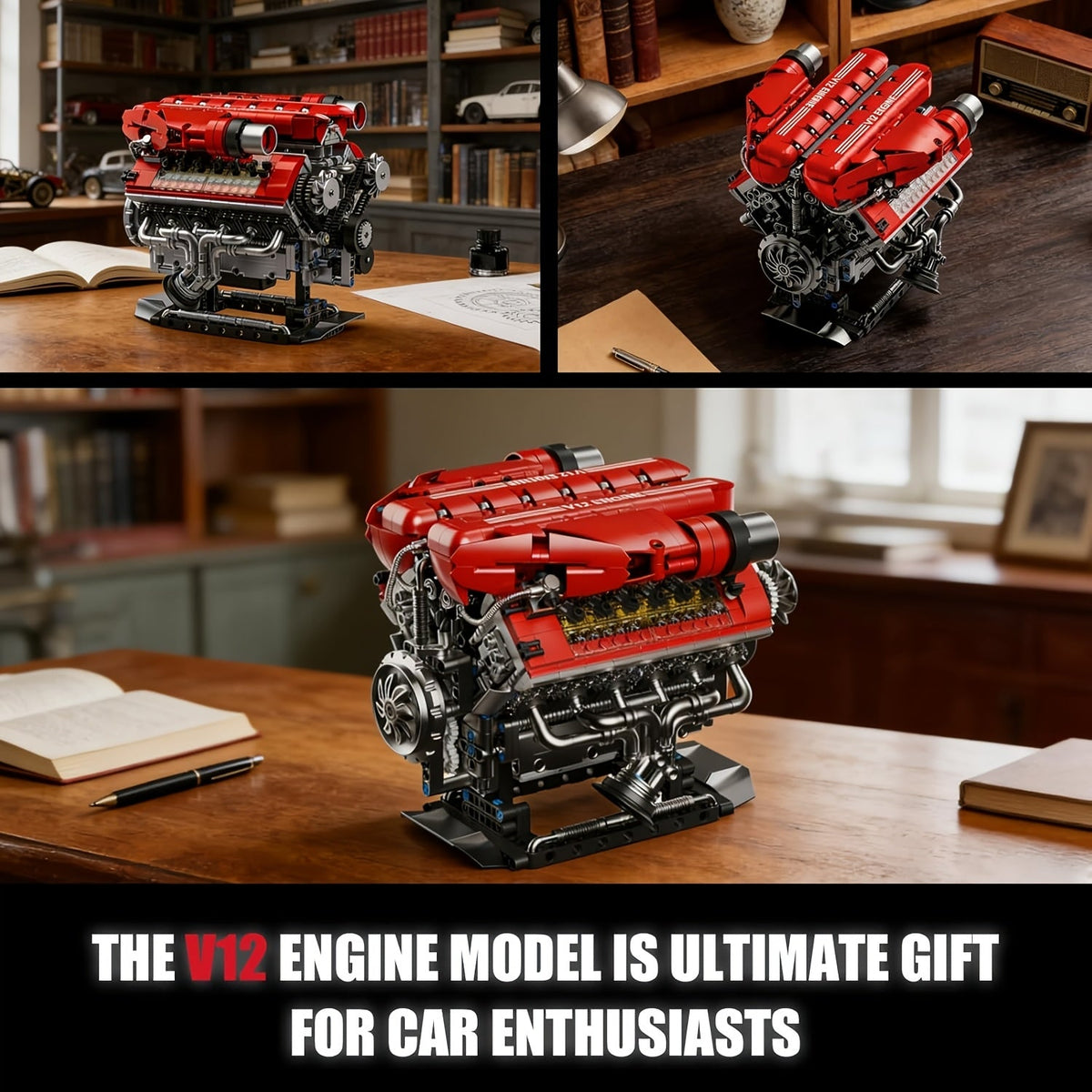 1607pcs Motorized V12 Engine Model Kit with Rechargeable Motor – Sports Car Engine Assembly Set, STEM Mechanical Engineering Building Toy, Group Build Collectible, Holiday Birthday Gift for Adults & Teens