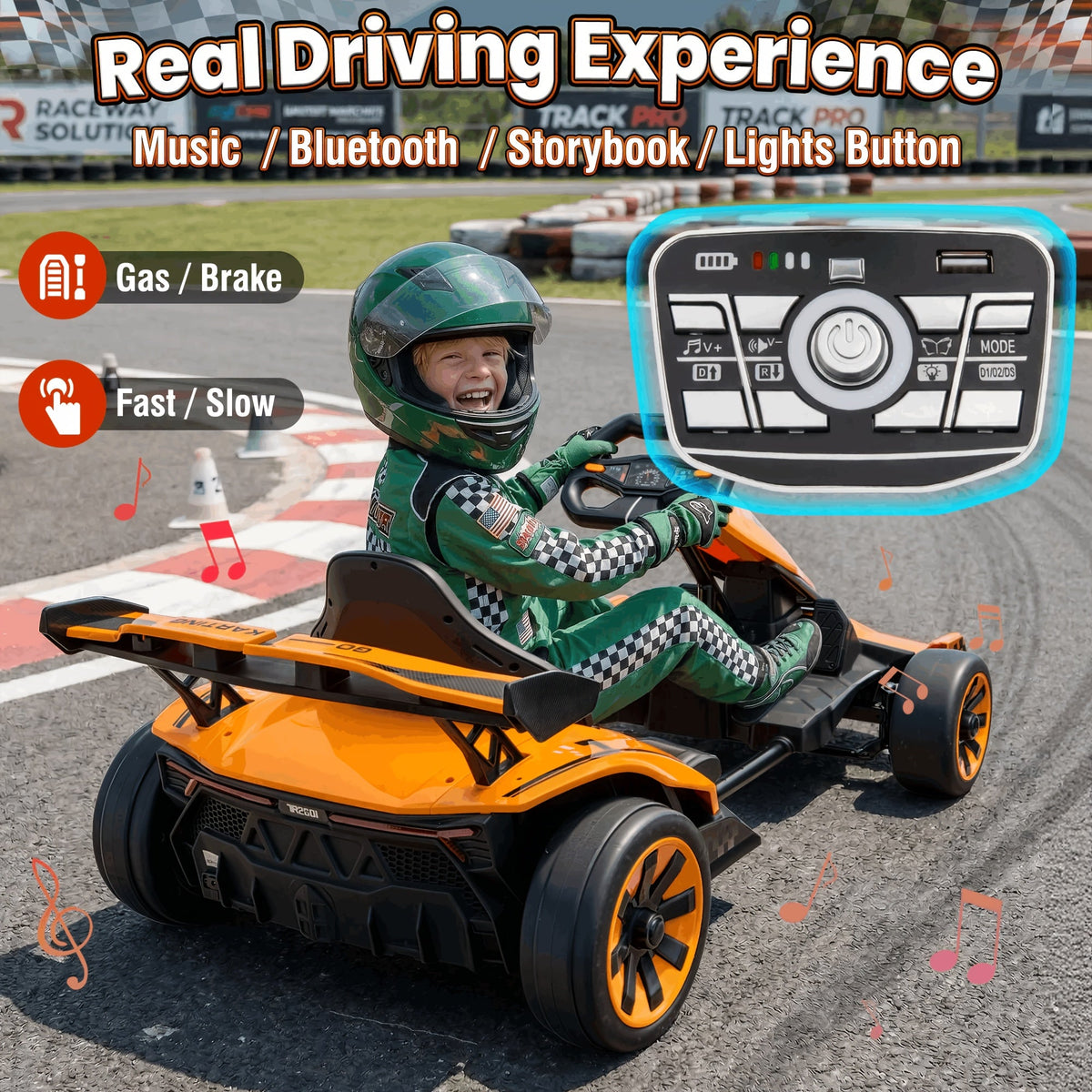 24V Electric Kids Go-Kart Drift Cart 360 Degree Drift Mode High Speed Racing with Soft Start Music Safety Belt Metal Frame Dual Brake for Boys Girls Ages 6 and Up Birthday Christmas Gift Black White Red Orange Silver