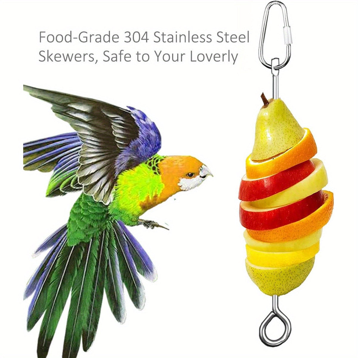 Stainless Steel Parrot Fruit Vegetable Skewer Feeder for Bird Cage - Food Holder Foraging Toy with Carabiner Clip for Parakeet Budgie Cockatiel Conure Macaw - Bird Cage Feeding Accessory 10 inch
