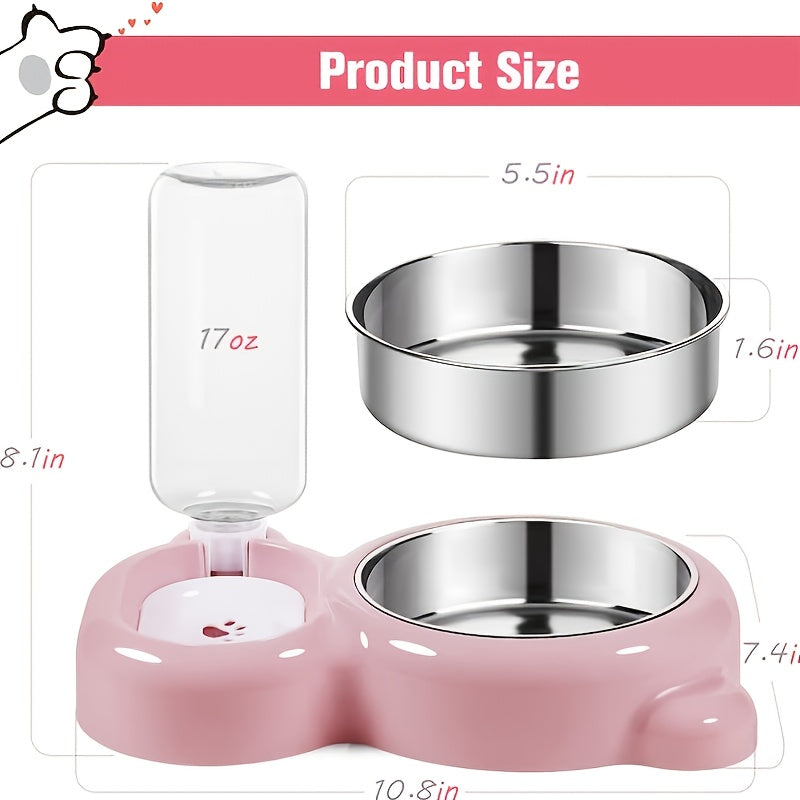 Pet Double Bowl Set with Automatic Water Dispenser Bottle – Food and Water Bowls for Small Dogs and Cats, Dishwasher Safe, Durable BPA-Free, Pink Grey Purple, Indoor Pet Feeding Station
