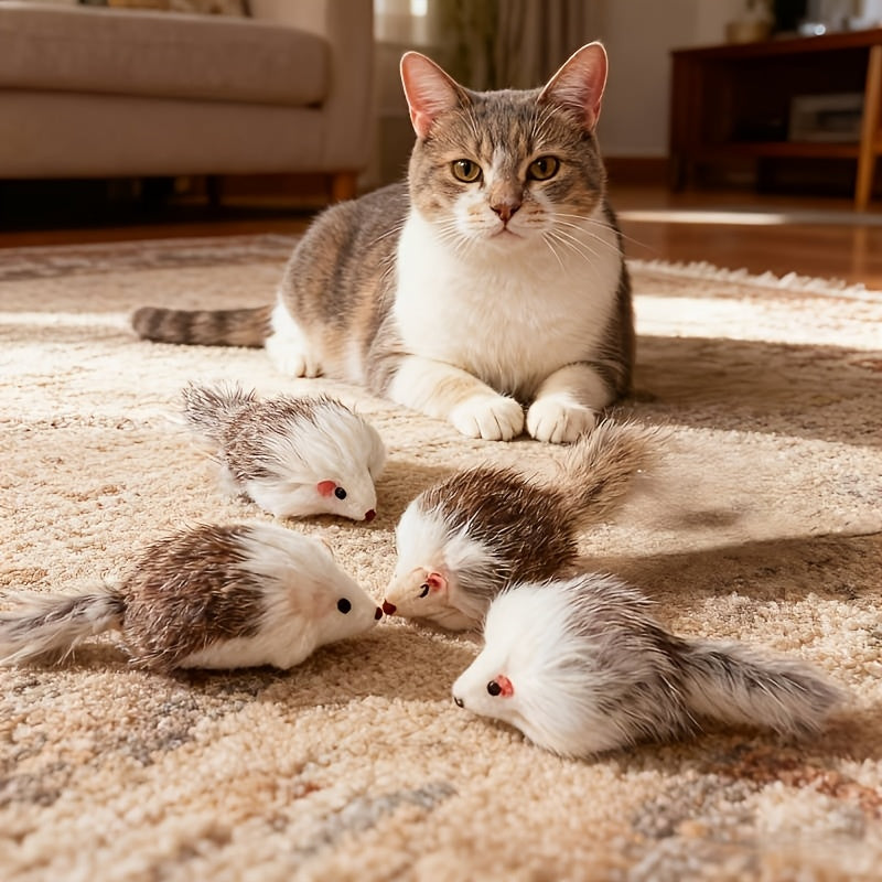 Plush Mouse Cat Toys Set 3 or 5 Pack - Realistic Simulation Long-Haired Mice with Two-Color Plastic Body, Interactive Indoor Cat Play and Exercise Toy for Kittens and Adult Cats