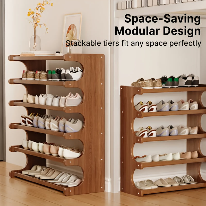 Shoe Rack 3/5/6-Tier Wood Grain Cube Organizer | Space-Saving Multi-Layer Shoe Storage Shelf | Easy Assembly Self-Standing Shoe Tower for Entryway Dorm Closet Bedroom | Brown