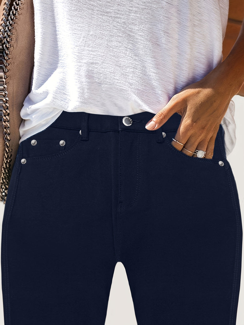 Women's High Waist Stretch Skinny Jeans Metal Button Detail Street Style Slim Fit Denim Pants 10 Colors S-XXL