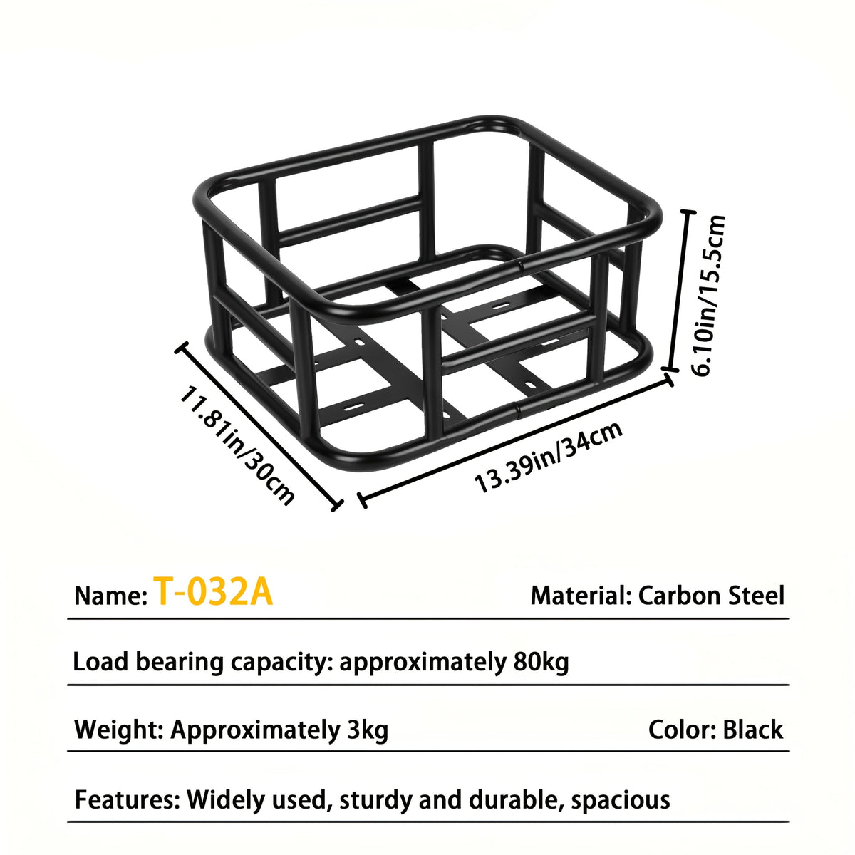 Heavy-Duty Iron Bike Basket – Large, Folding & Basic Removable Rear Bicycle Basket for Most Bikes & E-Bikes, Frame Mount, Black – for Groceries, Pets & Daily Commuting