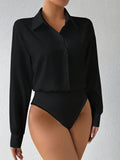 Women's Long Sleeve Bodysuit Solid Color Lapel Button Snap Crotch Shirt Top Stretchy Fitted Turtleneck Blouse for Women