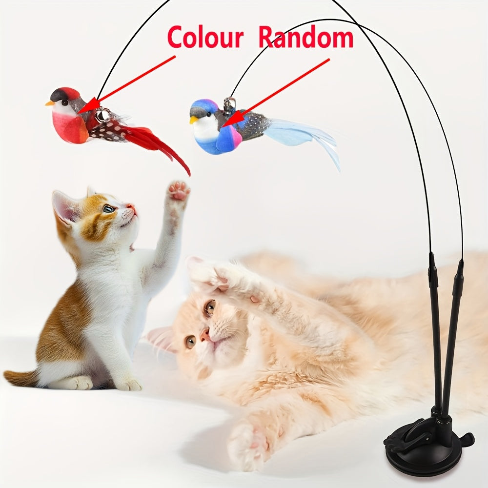 Interactive Cat Feather Bird Teaser Toy with Suction Cup Base – Hands-Free Double Rod Cat Wand Toy, Battery-Free Indoor & Outdoor Cat Toy, Non-Toxic Polyester, 2 Artificial Birds Included, Mixed Colors