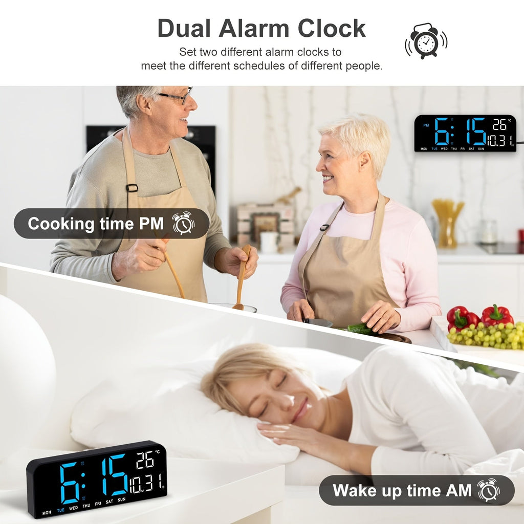 Large Screen LED Alarm Clock with Auto-Dimming Remote Control – 15 Inch Digital Clock Displays Time, Date, Week, Temperature & Humidity – Bedroom Bedside Clock for Seniors, Living Room, Office Desk