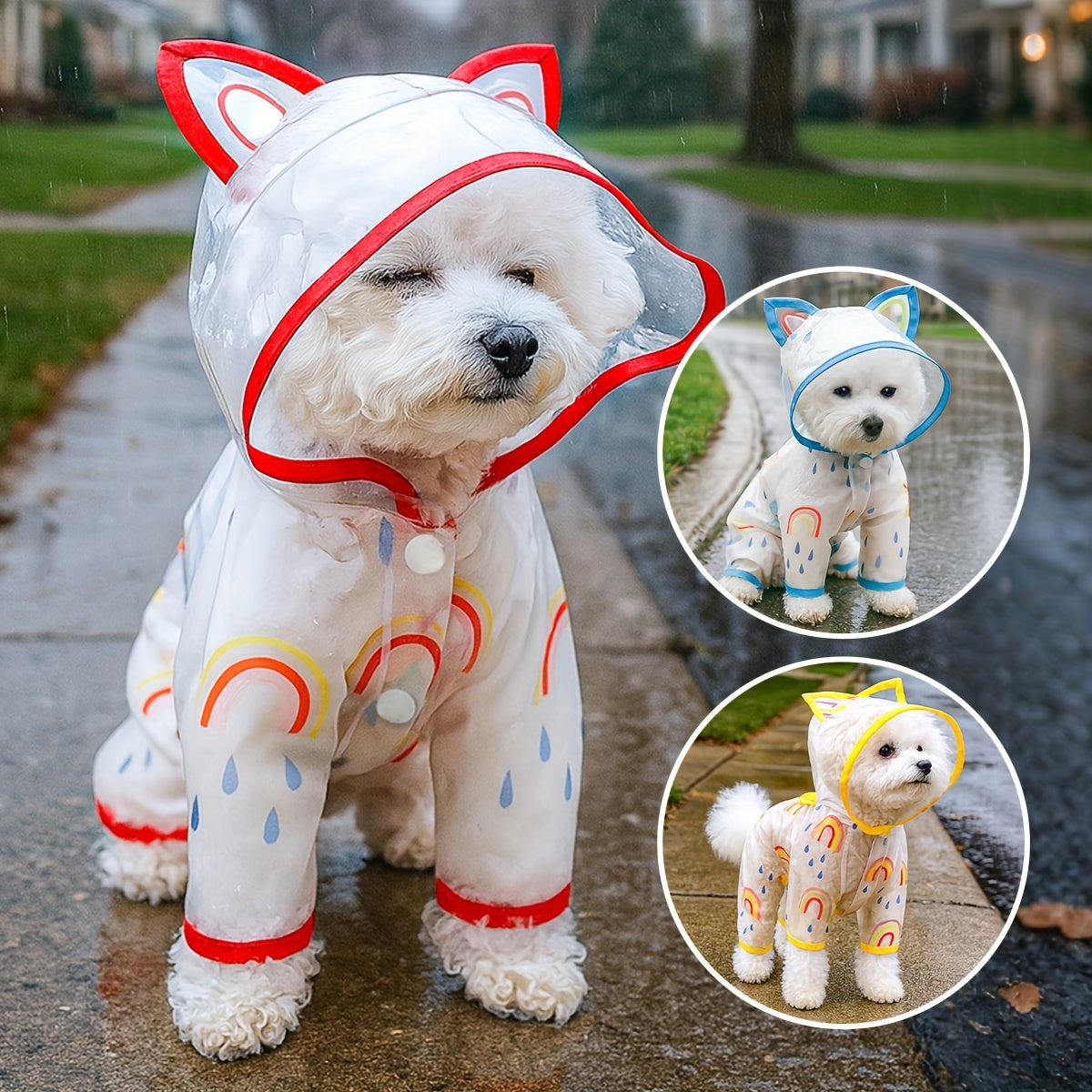 Dog Raincoat for Small Dogs - Cute Rainbow Pattern Waterproof Puppy Jumpsuit, All-Season Rain Jacket with Press Buckle Closure, Lightweight Dog Rain Coat for Small Breeds, Fun Pet Rain Outfit