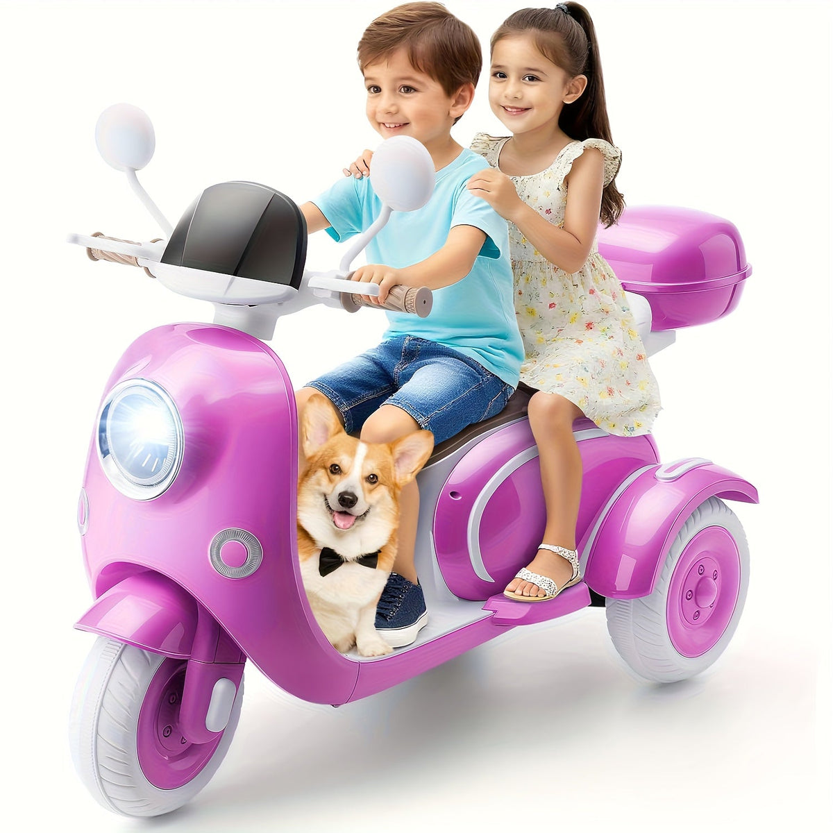 12V Kids Ride-On Motorcycle 3-Wheel Moped 2-Seater Electric Car with Dual Motor, Horn, LED Lights, Large Storage Box – Battery Powered Bike for Boys Girls Ages 3-8, Best Christmas Birthday Gift