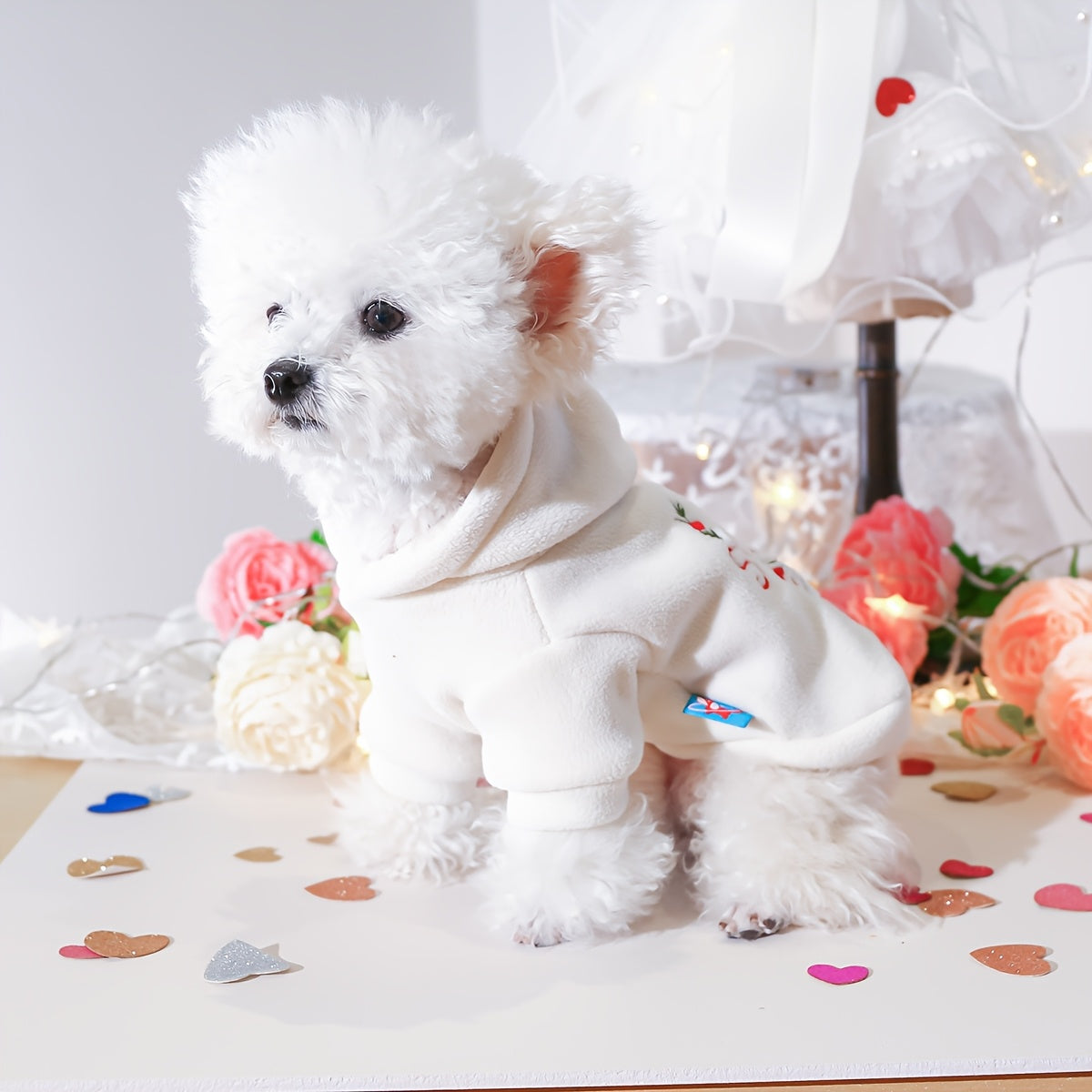 Love Heart Dog Sweatshirt Valentine's Day Hoodie – Cute Sweetheart Pullover for Small Dogs, Spring Autumn Thin Pet Outfit, XS to XL, Fits Bichon Pomeranian Schnauzer Teddy, White
