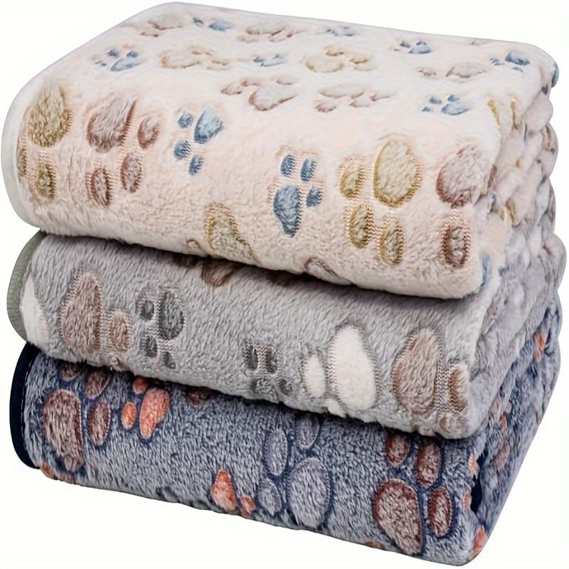 Pet Blanket 3 Pack - Soft Warm Coral Velvet Dog & Cat Blanket with Cute Dog Footprint Pattern, Cozy Plush Throw Blanket for Pets, Ideal for Sofa Bed Crate & Travel, Thoughtful Pet Gift