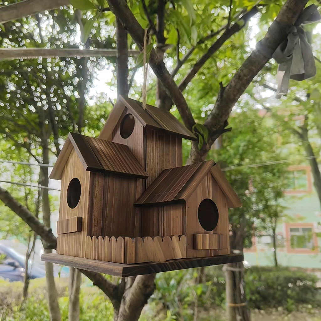 Outdoor Wooden Bird Nest 3-Room Rustic Natural Wood Wild Bird House for Garden Backyard Patio – Handcrafted Bird Nesting Box for Small Wild Birds Wildlife Habitat Decor