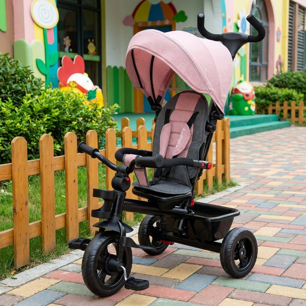 4-in-1 Toddler Tricycle with Adjustable Push Handle & Convertible Seat, Removable Canopy, Safety Harness & Storage Basket - Baby Push Trike for Kids 18 to 60 Months, Pink Ride On Bike Gift for Girls