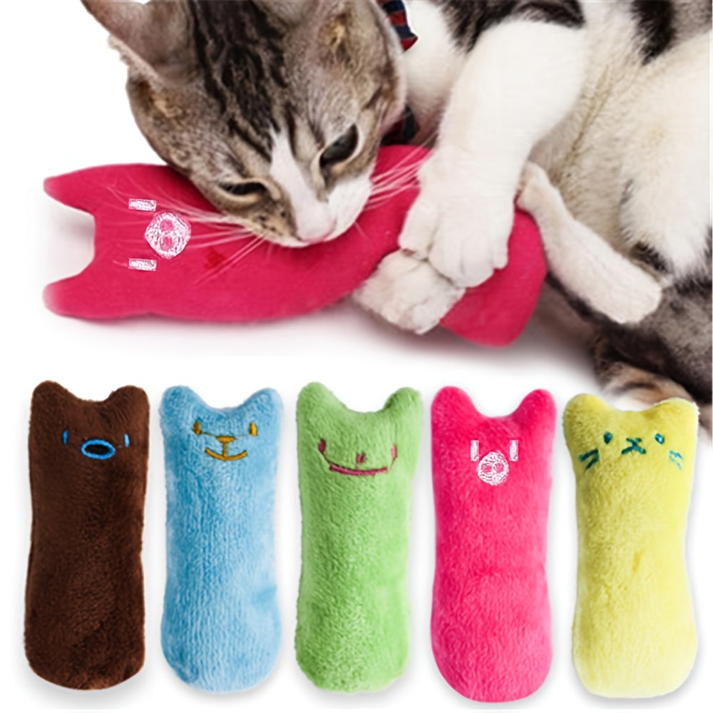 Cat Squeaky Plush Pillow Teaser Toy - Interactive Cat Design Stuffed Kicker Toy with Squeaker for Cats Kittens Solo Play Boredom Buster No Battery 6 Colors Green Yellow Pink Blue Coffee