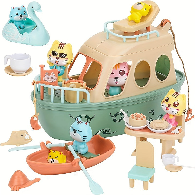 Cat Pirate Boat Playset for Kids – Kitten Pretend Play Toy with Cat Figures & Random Accessory Colors, Fun Pet Pretend Play Set, Pirate Party Favor Prize, Creative Gift for Boys Girls Ages 3 4 5 6+